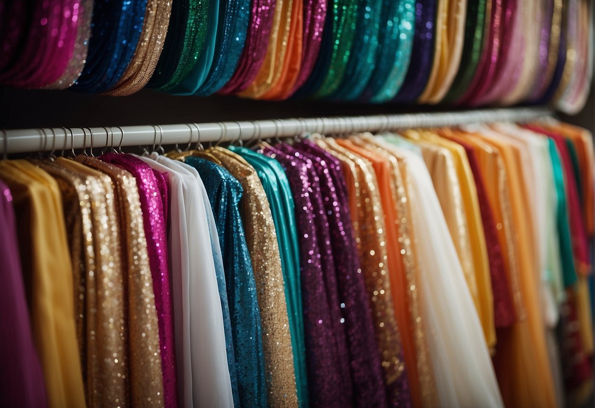 A closet with neatly folded sequin sarees separated by tissue paper, avoiding color transfer