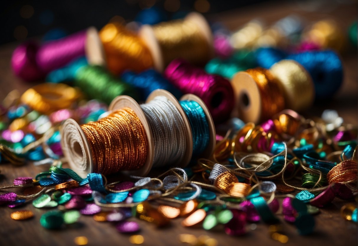 A hand holding a needle and thread, carefully stitching loose sequins on a shimmering saree. A pile of colorful sequins and a spool of thread sit nearby