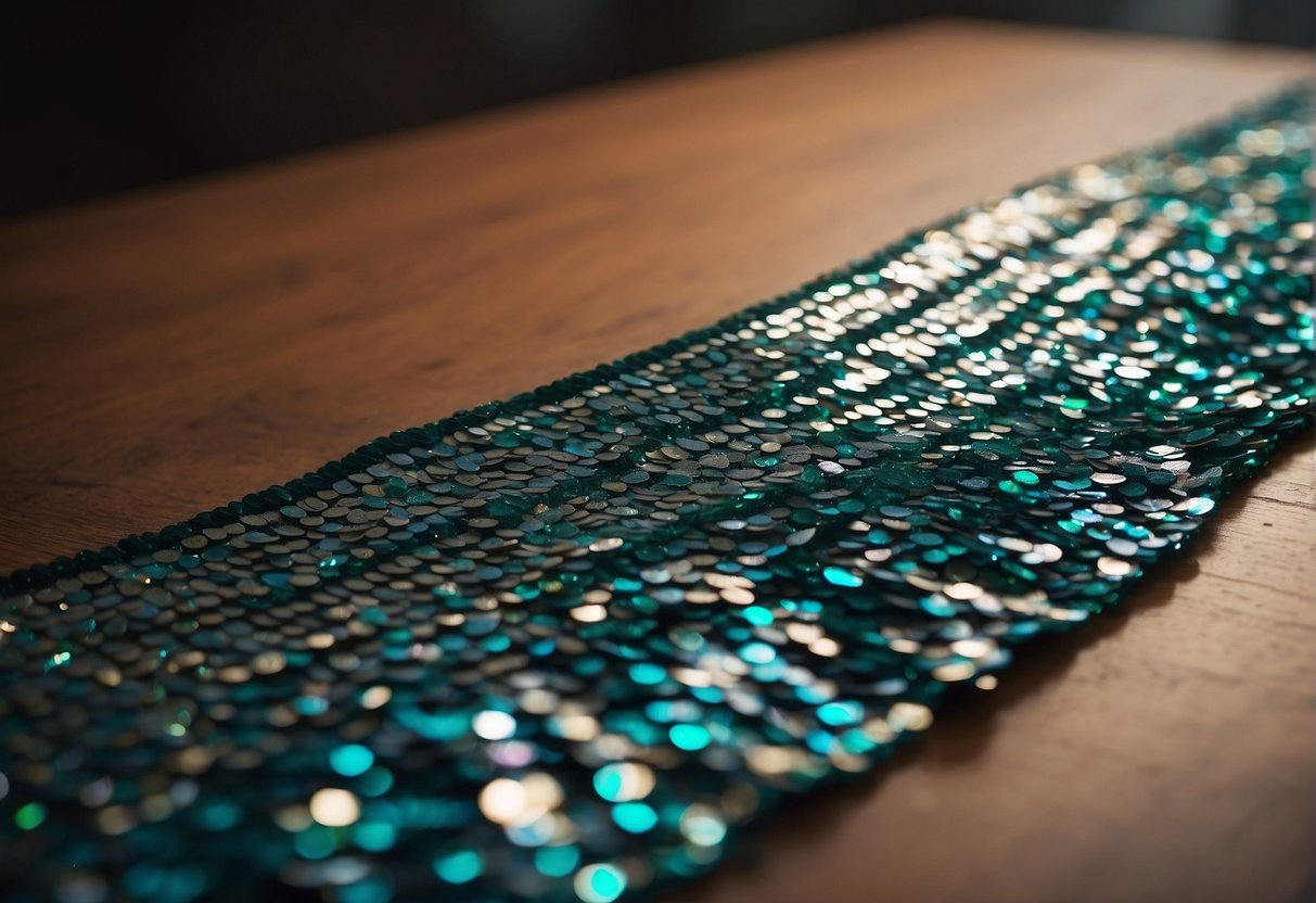 A sequin saree laid out on a flat surface, with a needle and thread nearby. Loose or missing sequins are being carefully stitched back onto the fabric