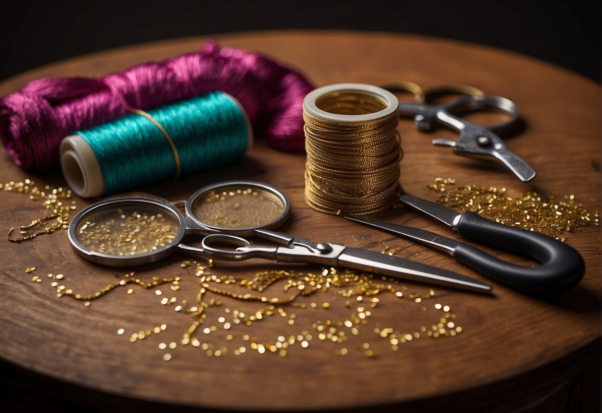 A table with a sequin saree spread out, needle and thread, scissors, and a magnifying glass for detail work. A step-by-step guide nearby