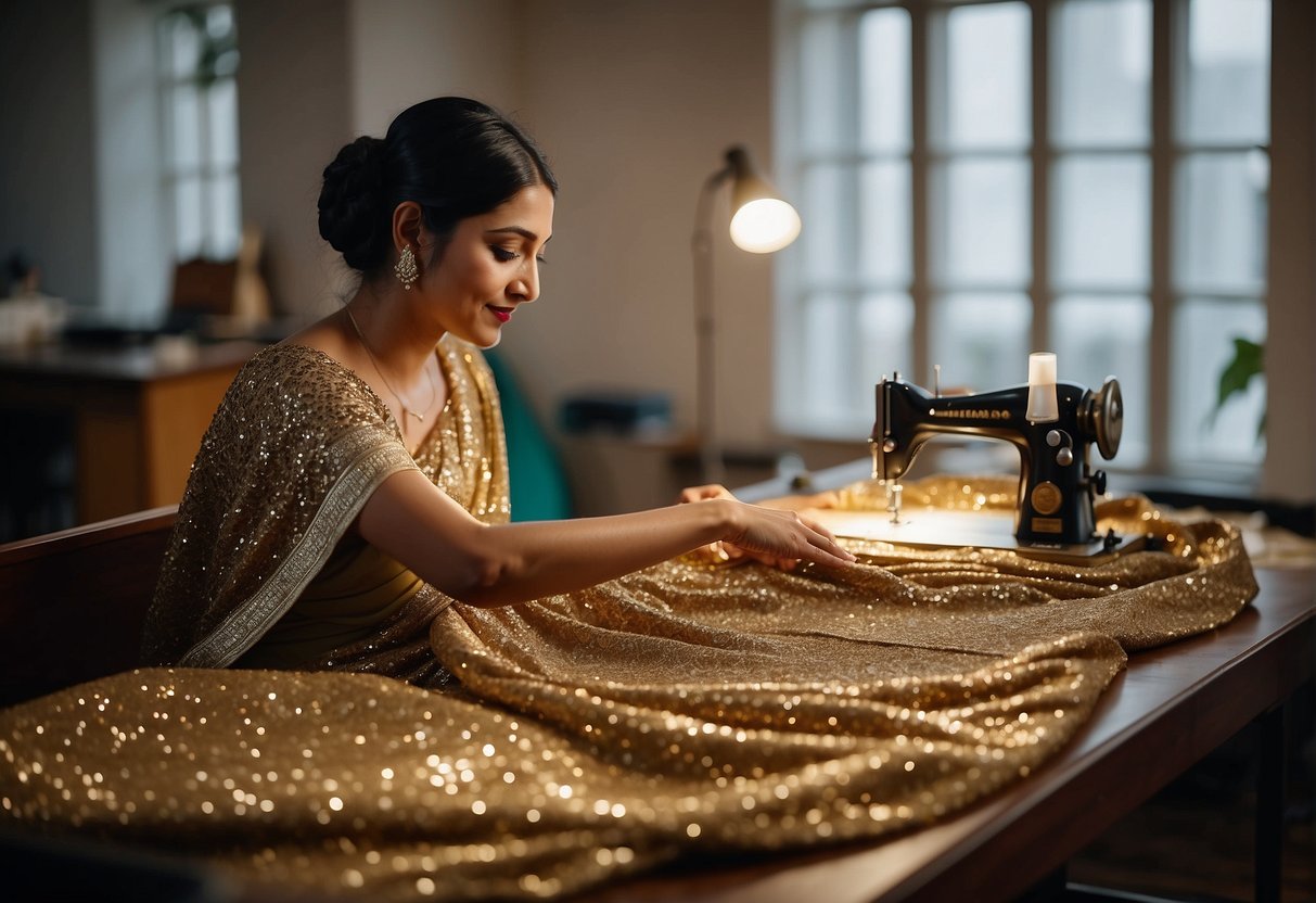 A sequin saree being carefully examined by a professional tailor for any loose or missing sequins, with a sewing machine and repair tools nearby