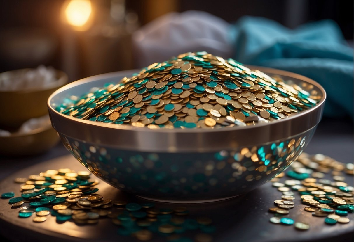A sequin saree being gently hand-washed in a basin of soapy water, then laid flat to air dry. A pile of damaged sequins next to a sewing kit