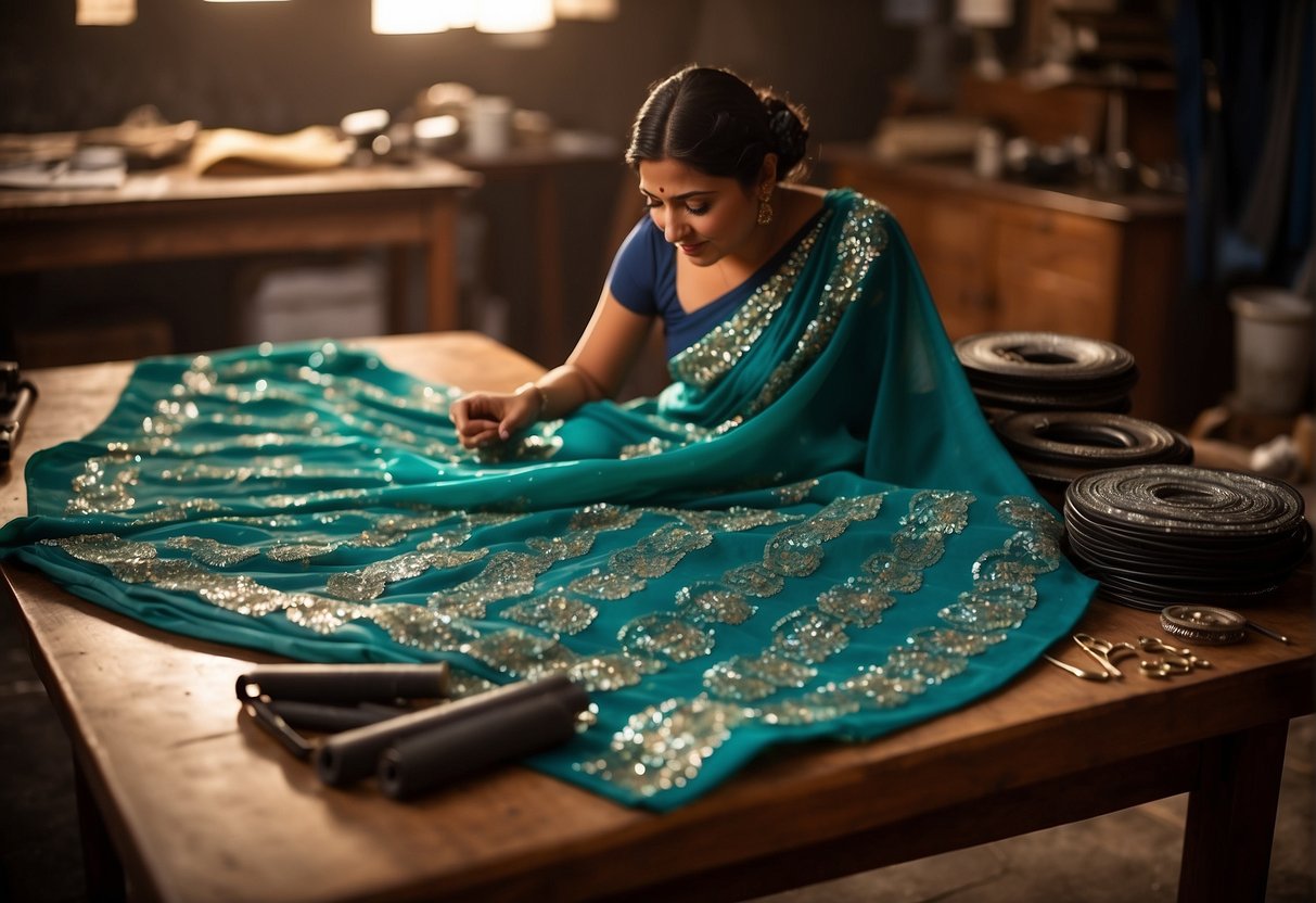 A sequin saree laid out on a table, with a professional seamstress or tailor working on it, surrounded by various tools and equipment