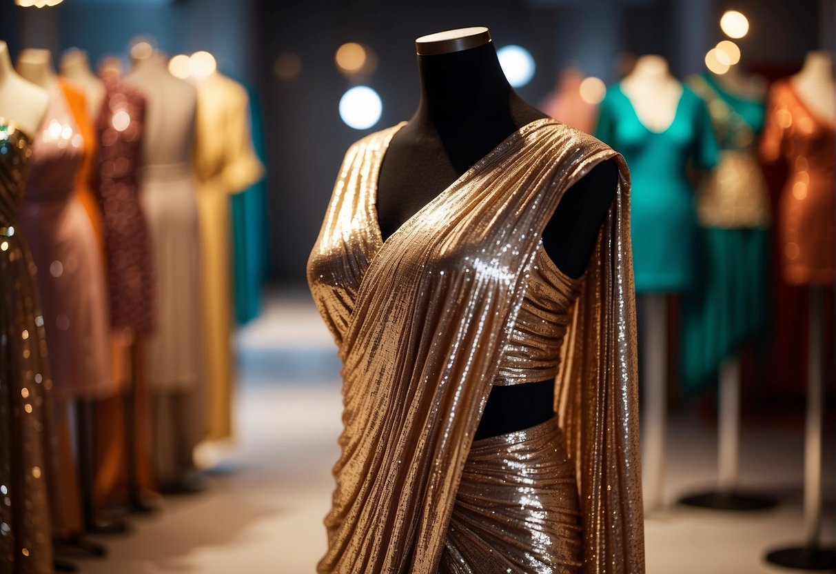 A sequin saree draped on a mannequin, with contrasting and matching blouses displayed nearby. Bright lighting highlights the shimmering fabric