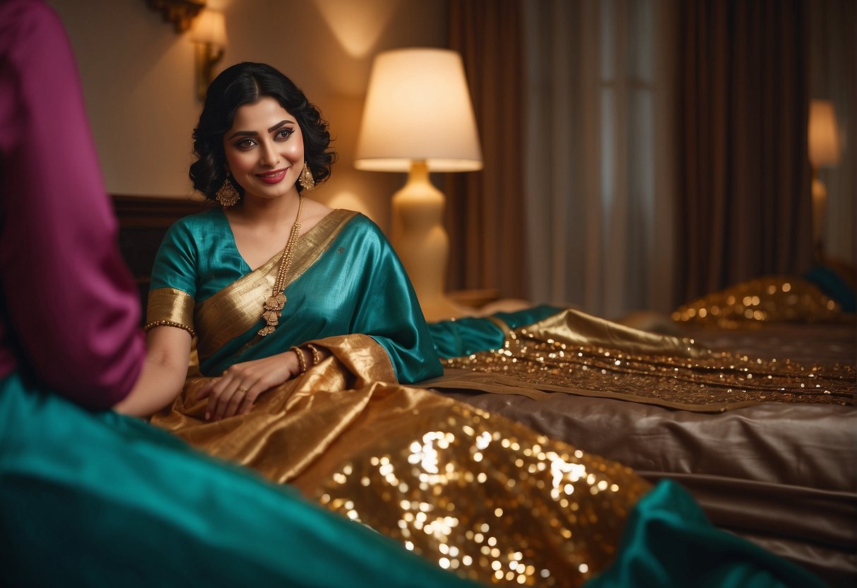 A woman stands in front of a mirror, holding a sequin saree. Two blouses, one matching and one in contrast, are laid out on the bed next to her