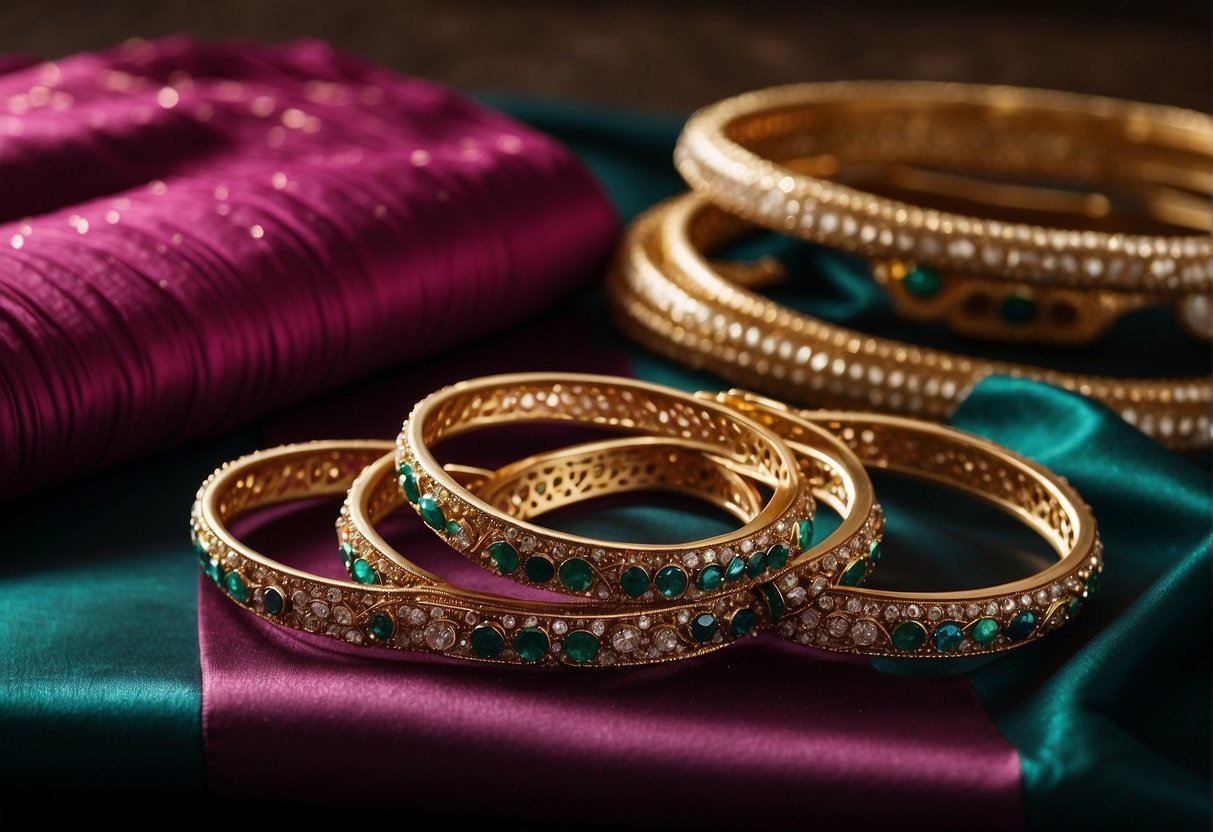 A sequin saree lies on a table with two blouses next to it. One blouse matches the saree, while the other provides a contrasting color. Accessories like bangles and earrings are arranged nearby