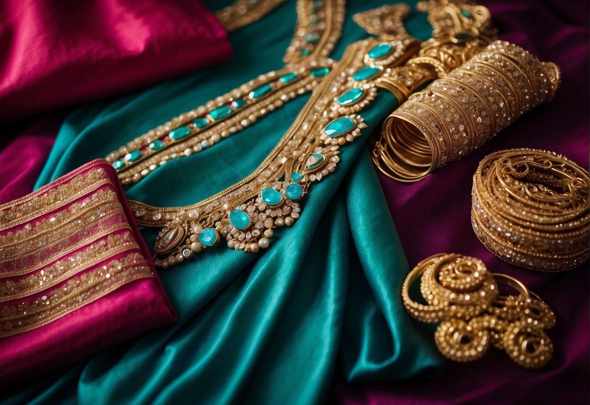 A sequin saree laid out with matching and contrasting blouses, surrounded by various styling accessories