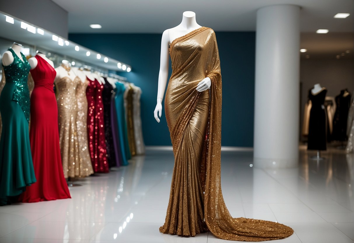 A sequin saree drapes elegantly over a mannequin, adorned with a high-neck, backless blouse design