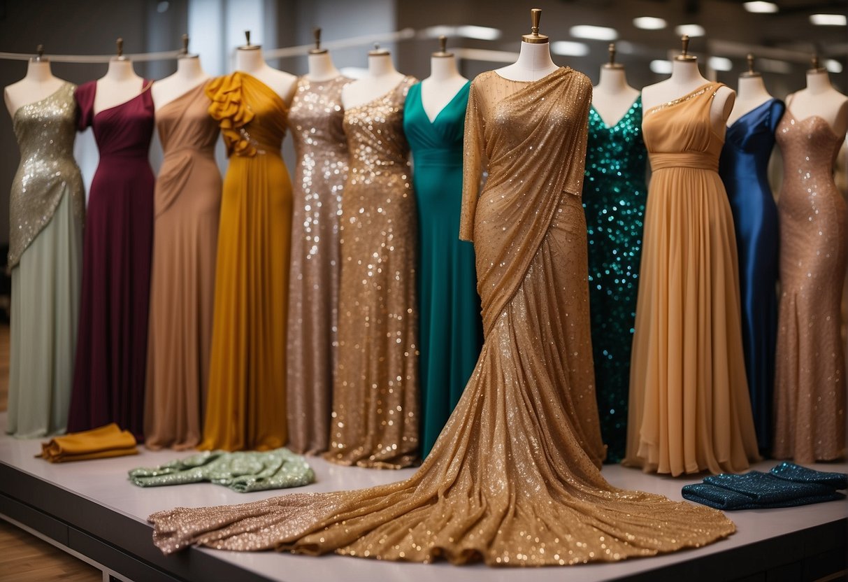A sparkling sequin saree draped over a mannequin, surrounded by a variety of blouse designs, from backless to high-neck, displayed on hangers or laid out on a table