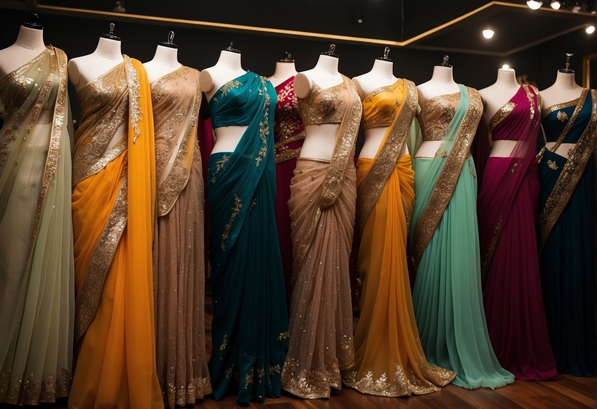A sequin saree ensemble laid out with various backless and high-neck blouse designs, showcasing different styling and accessorizing options
