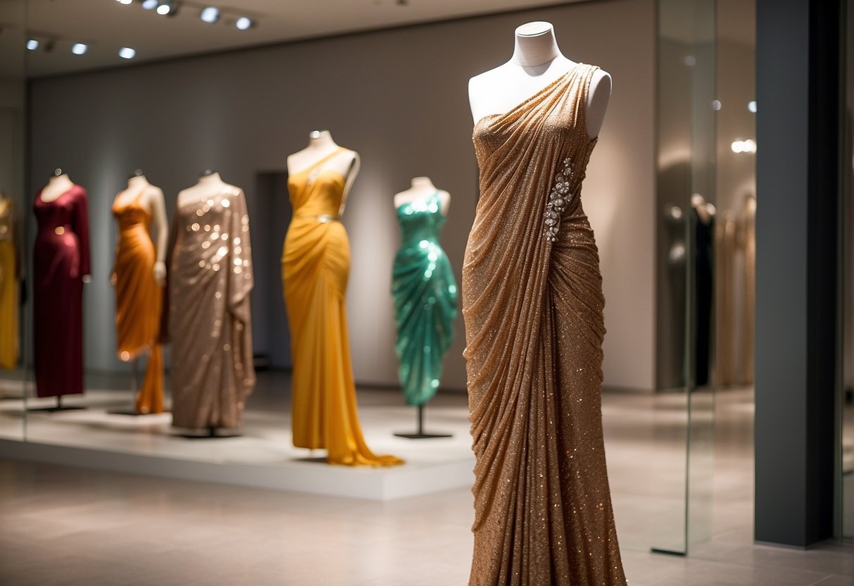 A sequin saree draped on a mannequin, paired with a backless to high-neck blouse, showcasing the elegant and modern fusion of traditional and contemporary fashion