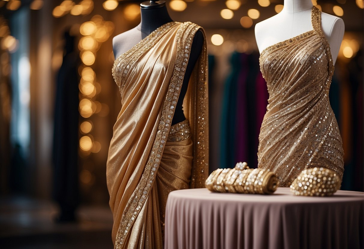 A sequin saree draped over a mannequin, adorned with elegant jewelry and a matching clutch, creating a glamorous and sophisticated look