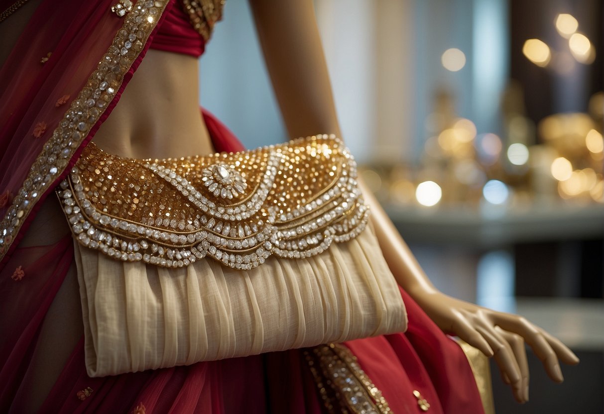 A sequin saree draped over a mannequin, adorned with elegant jewelry and a matching clutch, creating a stunning and glamorous ensemble