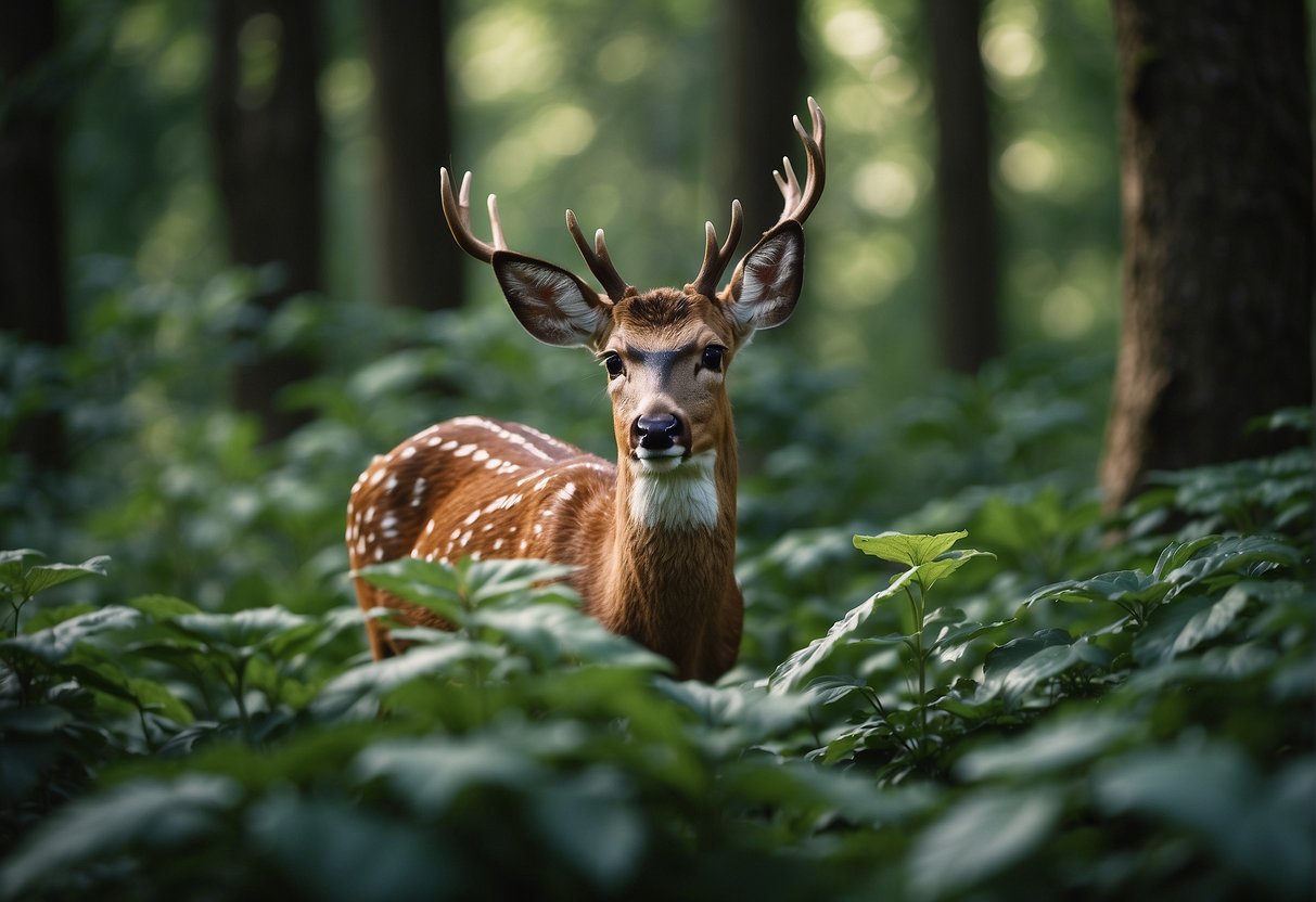 A deer nibbles on persian shield leaves in a lush forest clearing