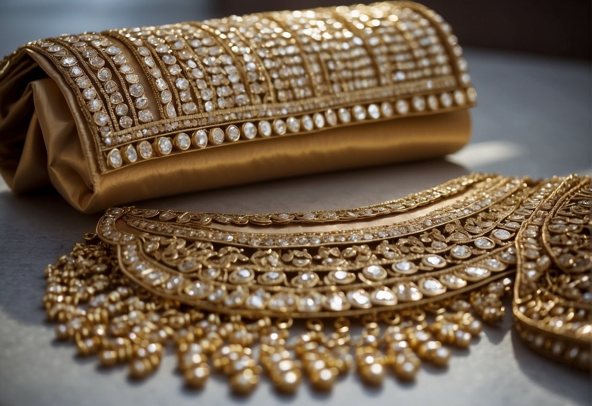 A sequin saree laid out with jewelry and clutches, ready for accessorizing