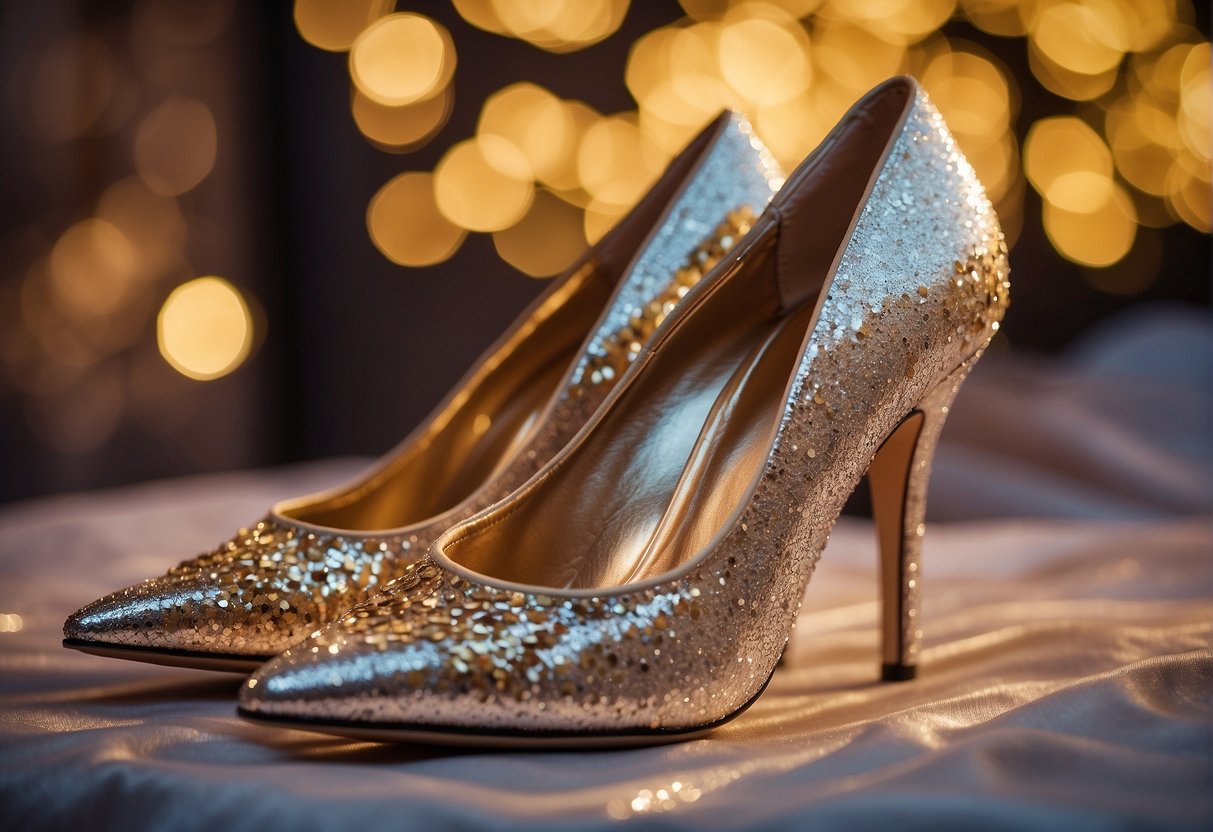 A pair of elegant stiletto heels placed next to a shimmering sequin saree, showcasing the perfect footwear choice for the ensemble