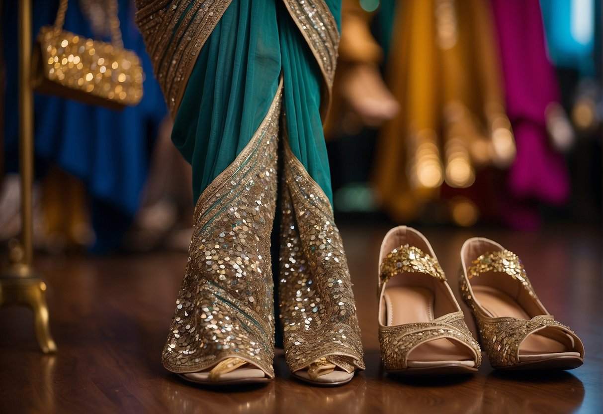 A sparkling sequin saree laid out with various footwear options nearby. A sign reads "Choosing the Right Footwear for Your Sequin Saree Ensemble."