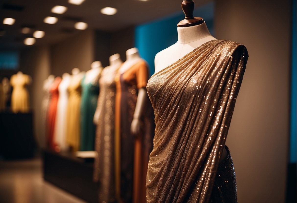 A sequin saree draped on a mannequin, with step-by-step hairstyle guides displayed nearby