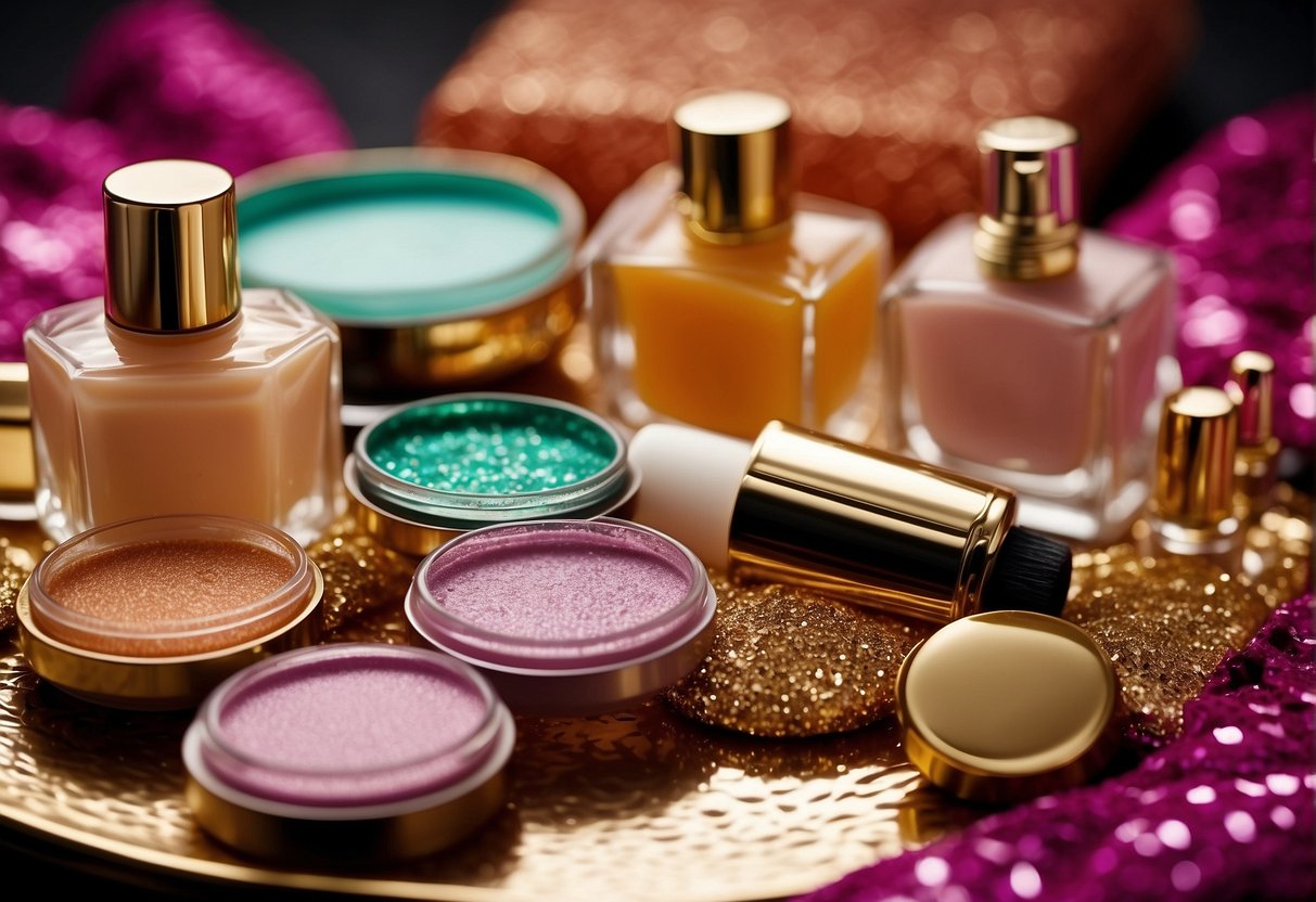 A table with a variety of makeup products and nail polish bottles arranged next to a colorful sequin saree, ready to be coordinated for a glamorous look
