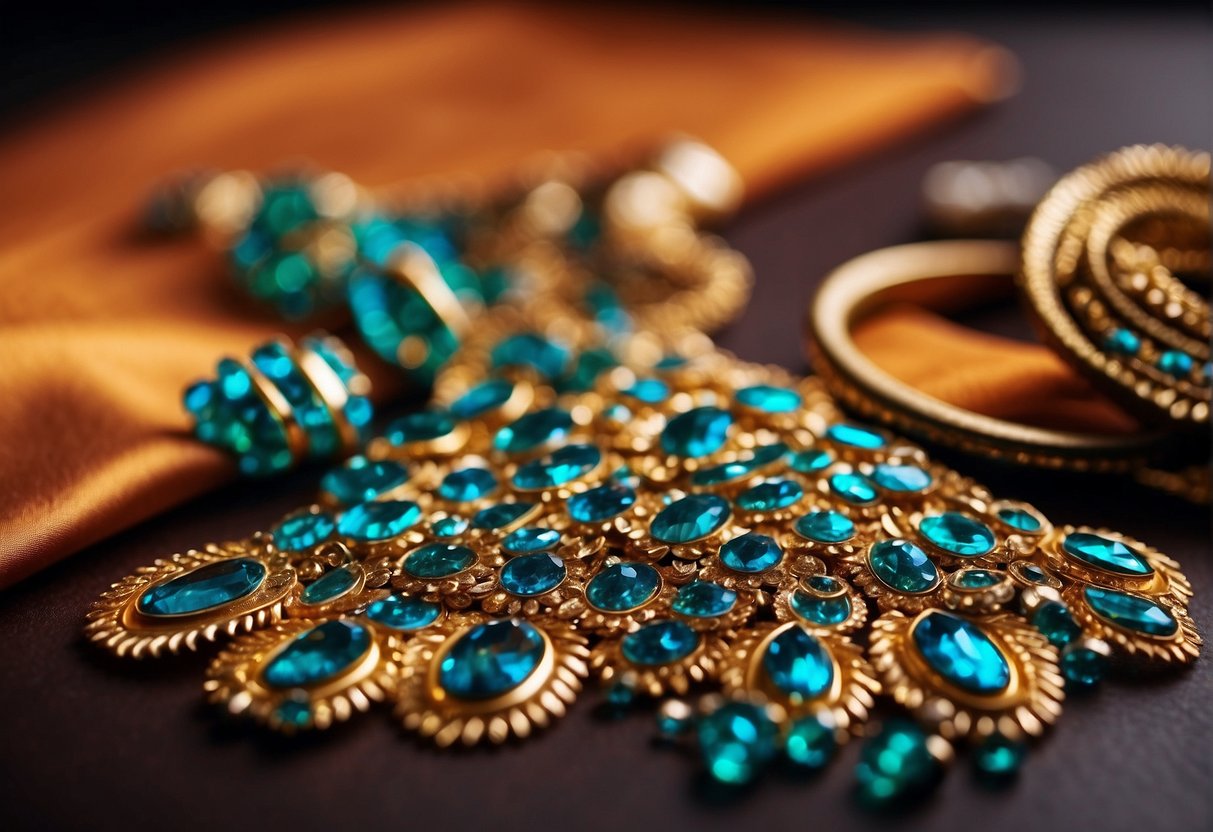 A sequin saree laid out with matching jewelry and nail polish in vibrant colors