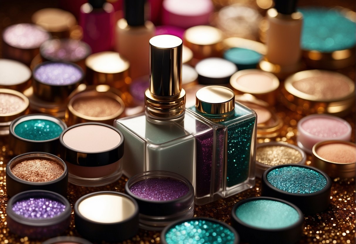 A colorful array of makeup and nail polish displayed next to a shimmering sequin saree