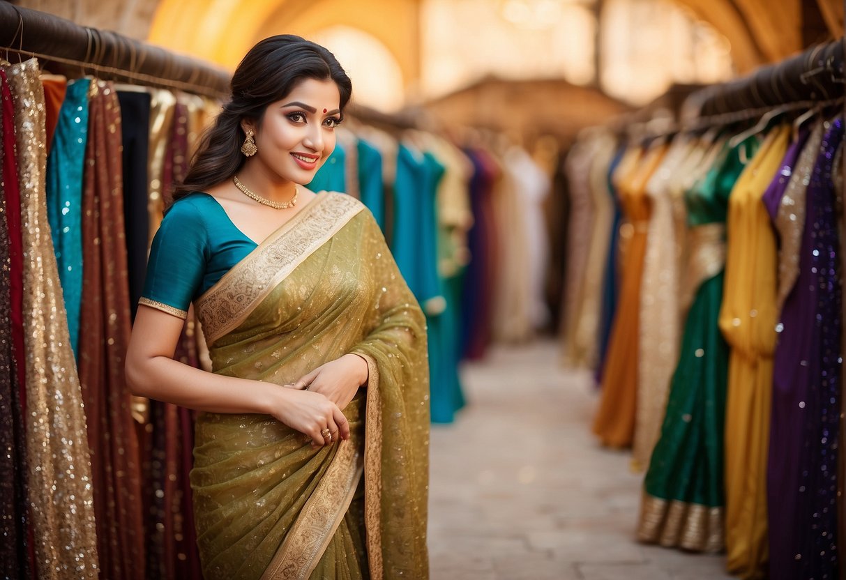 A timeline of sequin sarees from ancient origins to modern-day styles, showcasing cultural evolution and historical significance