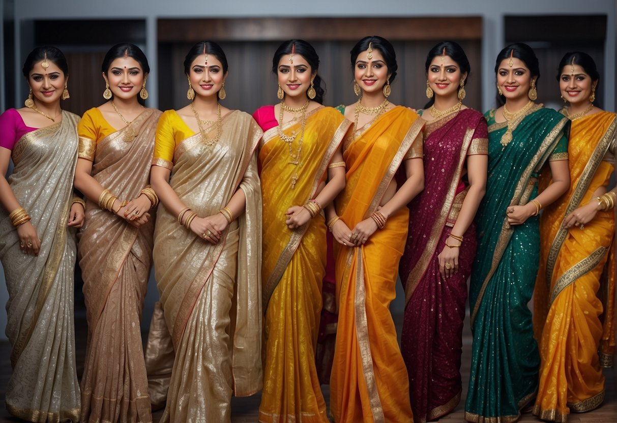 A timeline of sequin sarees from ancient to modern times, showcasing different styles and cultural influences