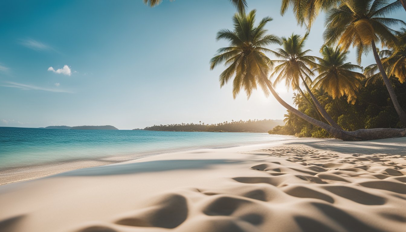 A serene beach with palm trees, clear blue waters, and golden sand stretching into the distance under a bright, sunny sky