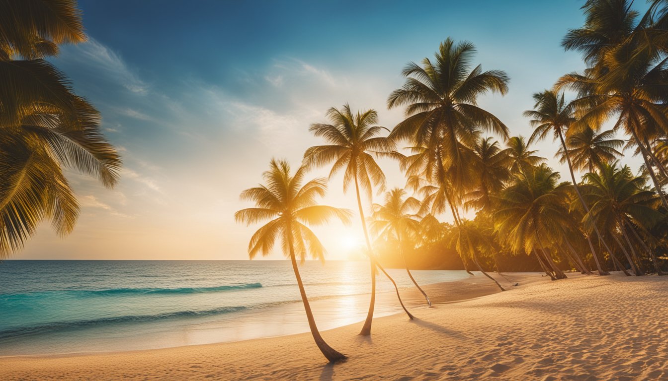 A golden sandy beach with palm trees, crystal-clear blue water, and a vibrant sunset casting a warm glow over the scene