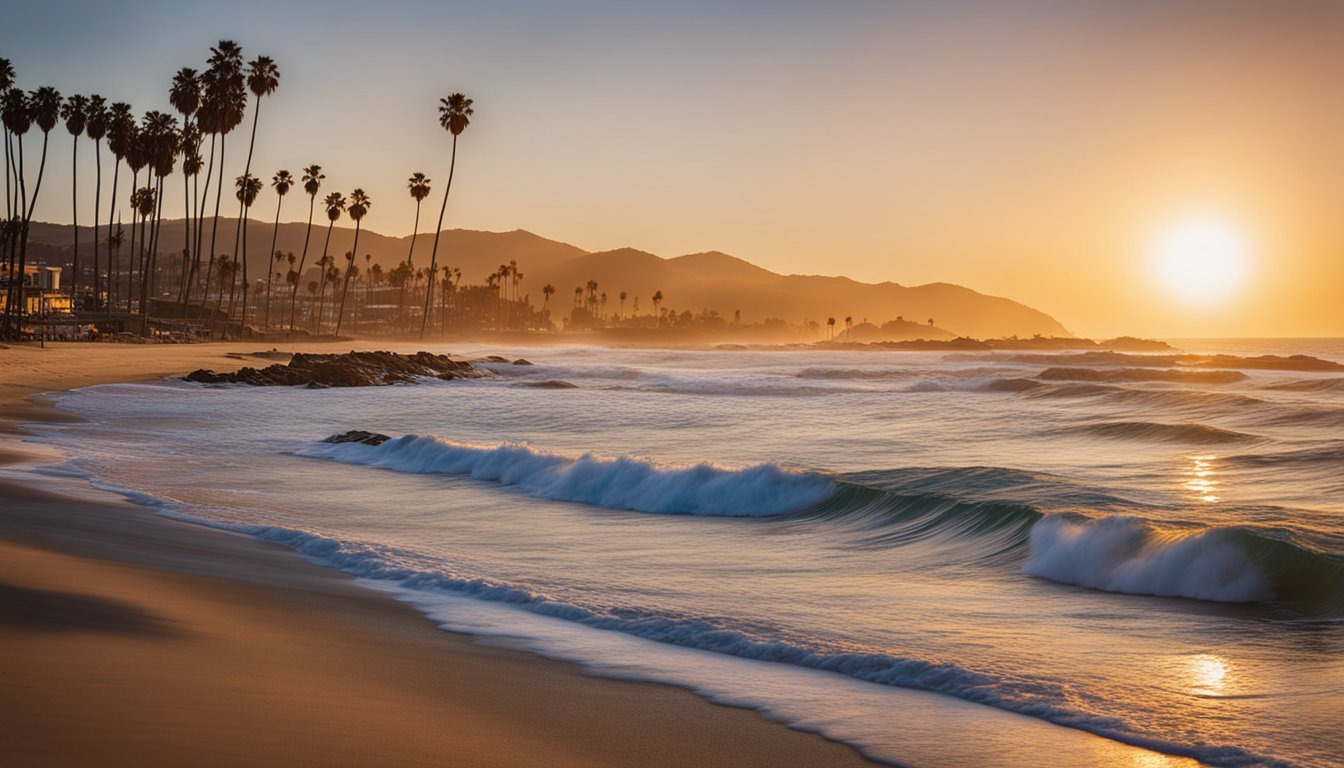 The sun sets over California's iconic coastline, casting a golden glow on the top beach destinations in the USA. Waves crash against the shore, while palm trees sway in the gentle breeze