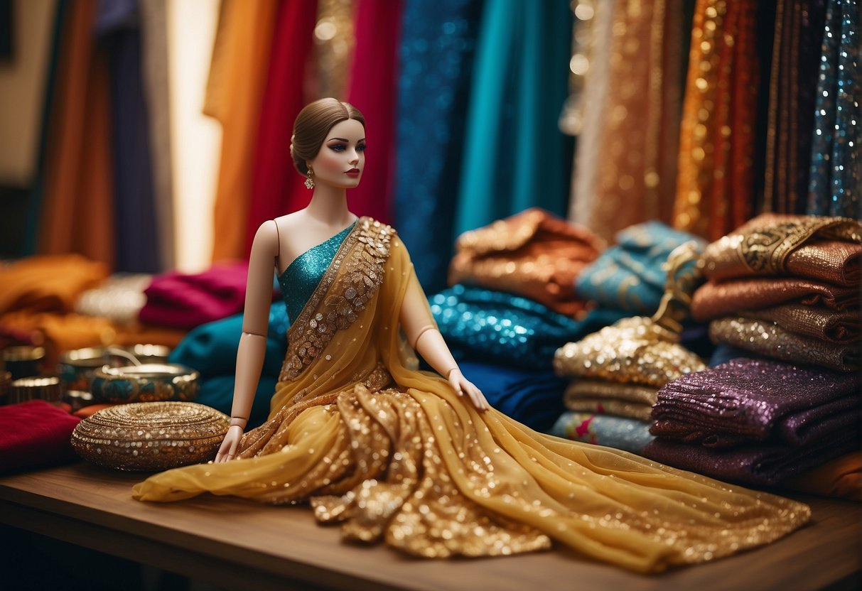 A mannequin adorned in a modern sequin saree, surrounded by vibrant fabrics and accessories in a contemporary fashion studio