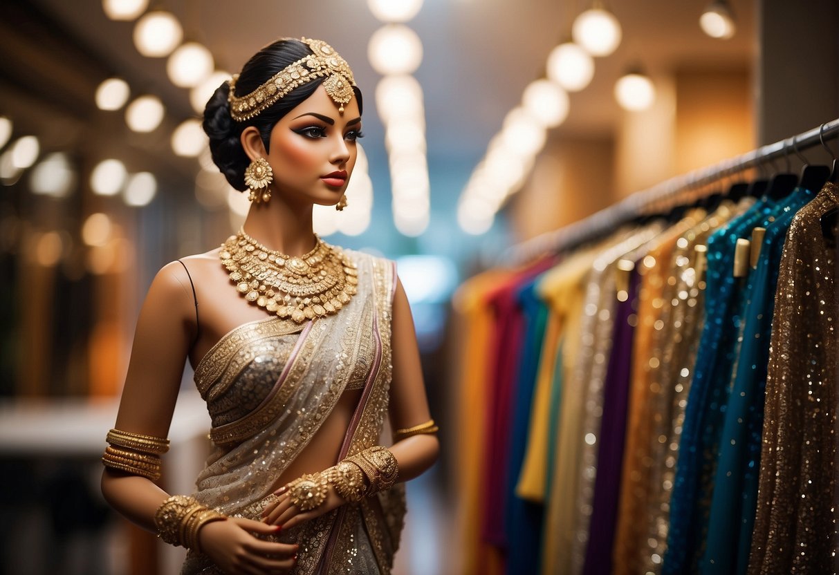 A mannequin adorned in a sequin saree, showcasing the evolution of traditional attire in modern fusion fashion