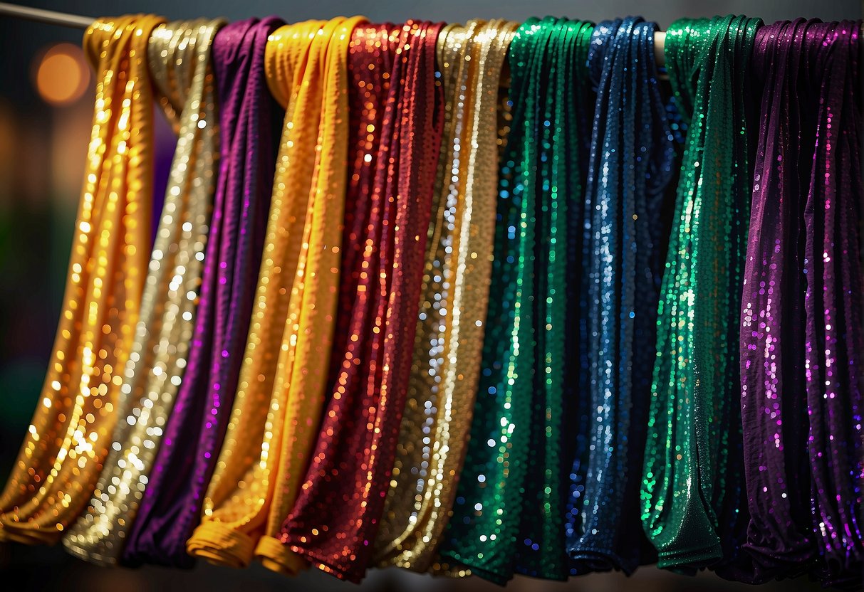 A vibrant display of sequin sarees arranged for different occasions, blending traditional and modern styles