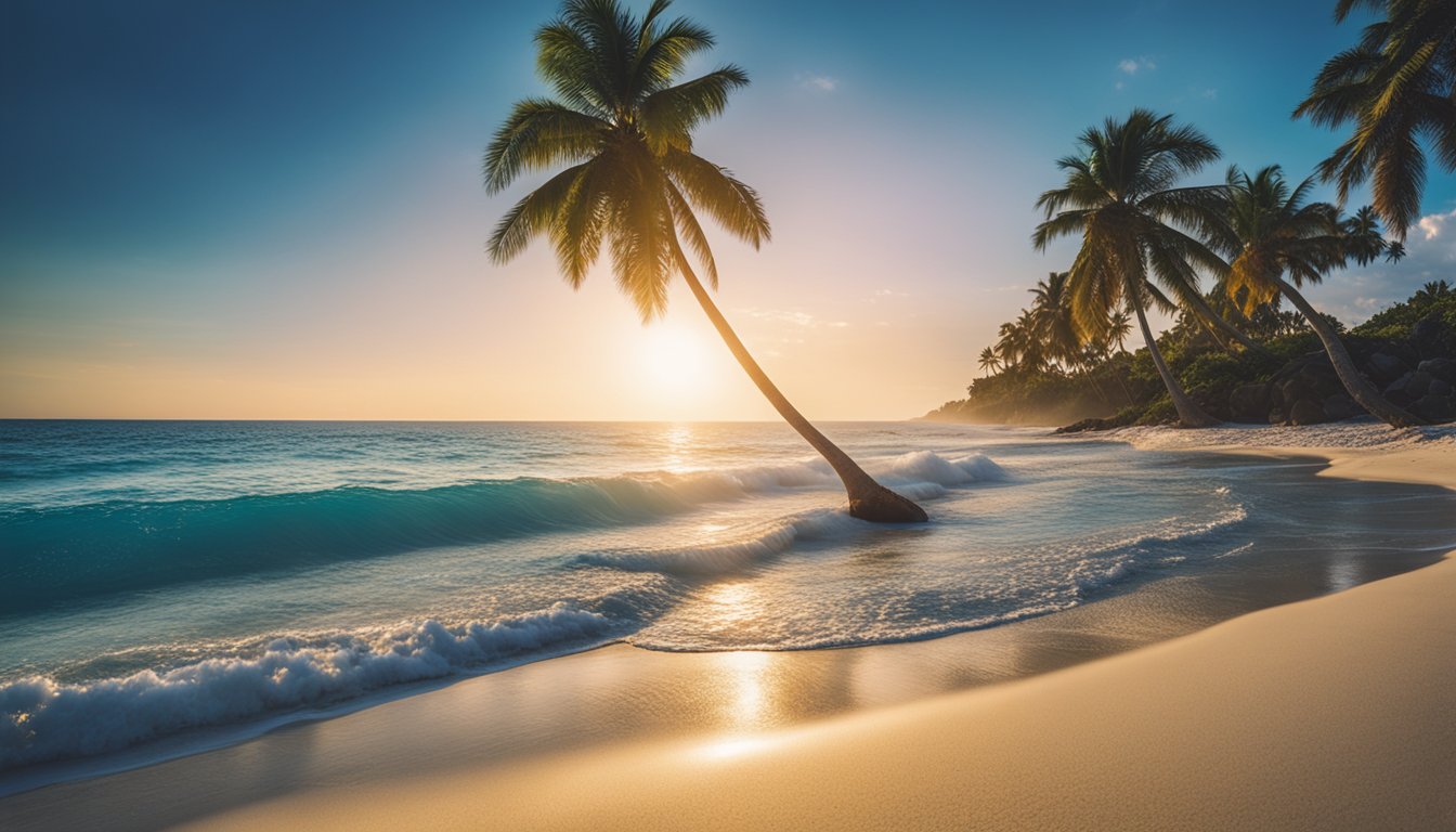 Sandy beaches line the East Coast, with clear blue waters and swaying palm trees. A vibrant sun sets the scene for a perfect getaway