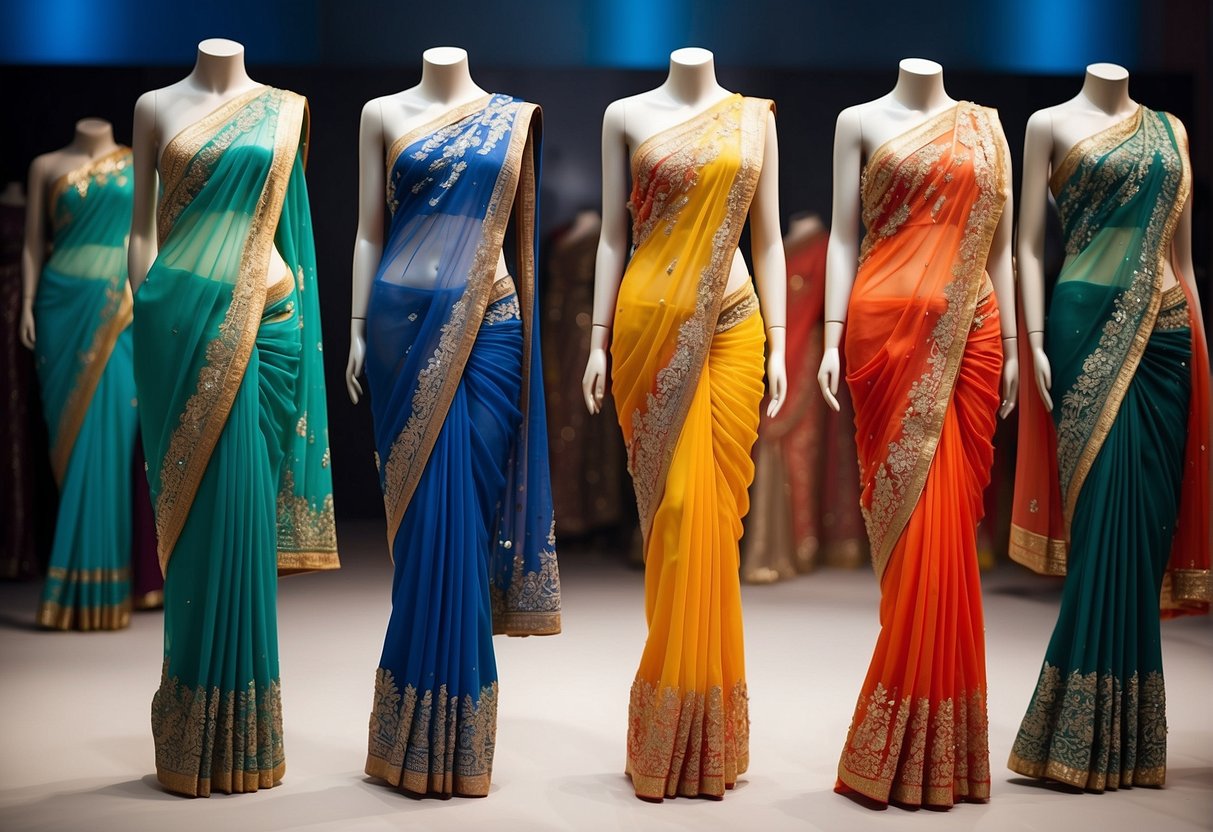 A vibrant display of modern sequin sarees with traditional motifs, arranged in a fusion fashion showcase. Bright colors and intricate designs catch the eye