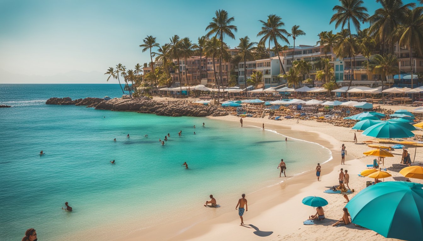 A vibrant beach scene with colorful umbrellas, palm trees, and clear blue waters. People engage in various beach activities like surfing, beach volleyball, and sunbathing. The sun is shining, creating a warm and inviting atmosphere