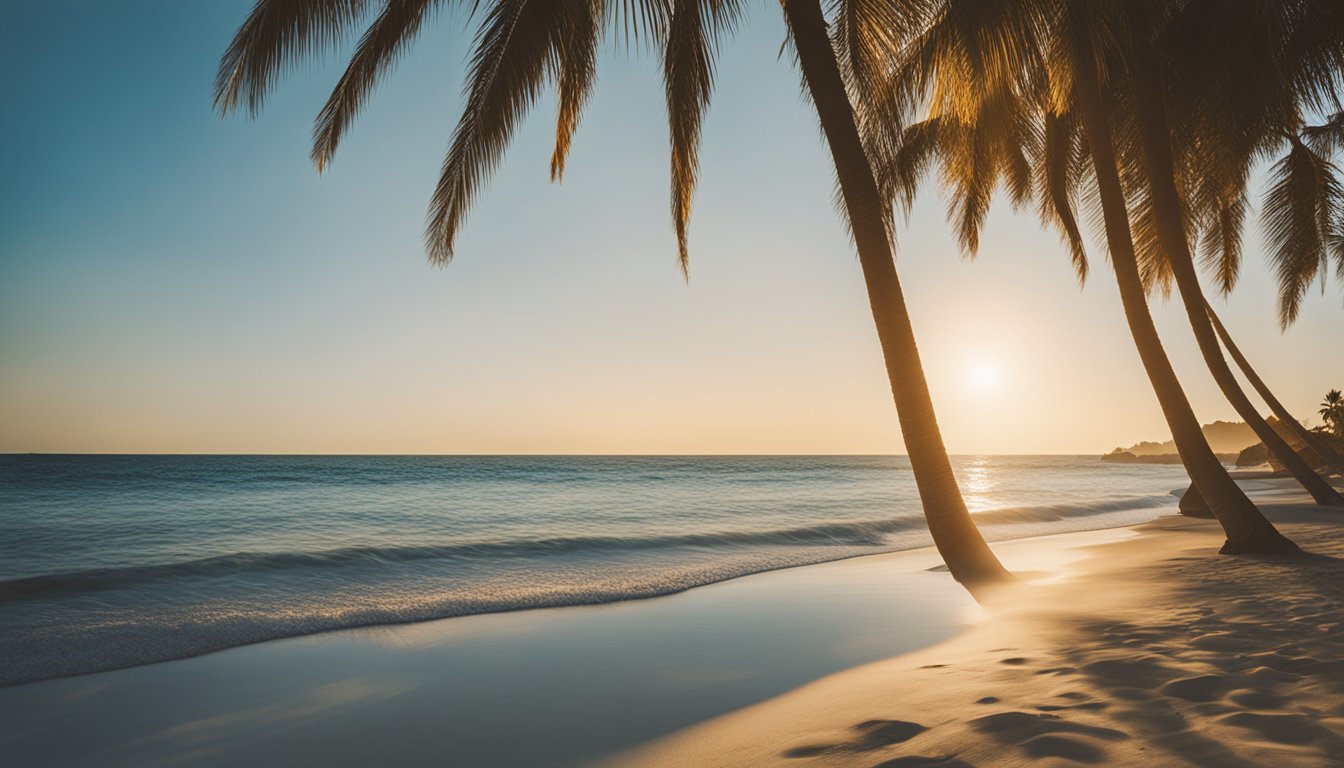 Golden sun setting over a pristine beach, with palm trees casting long shadows. Clear blue water and a gentle breeze create the perfect setting for a sun-soaked getaway