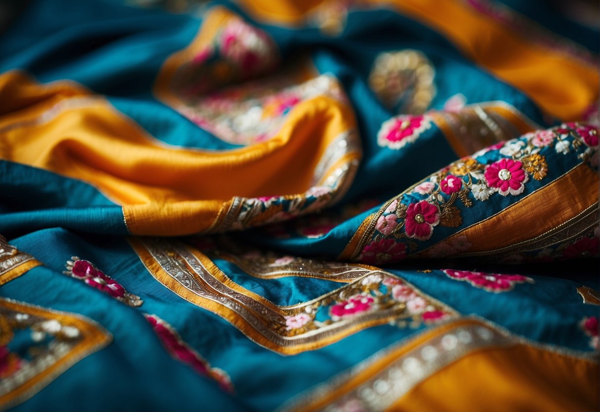 A vibrant saree adorned with intricate Zardozi and Kantha embroidery, showcasing the fusion of traditional and contemporary styles