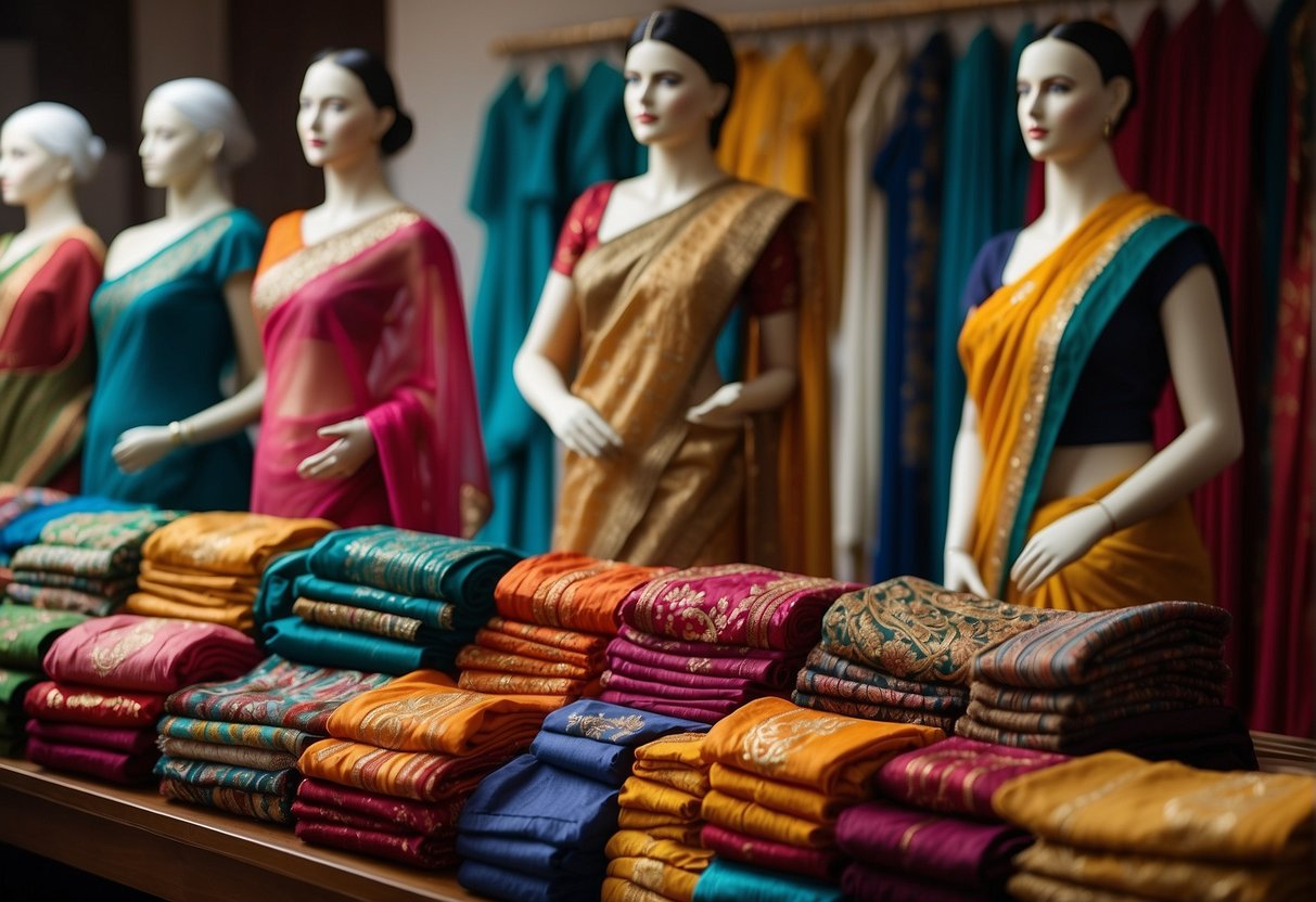 A colorful array of embroidered sarees, showcasing intricate zardozi and kantha stitching, displayed on ornate mannequins in a well-lit studio