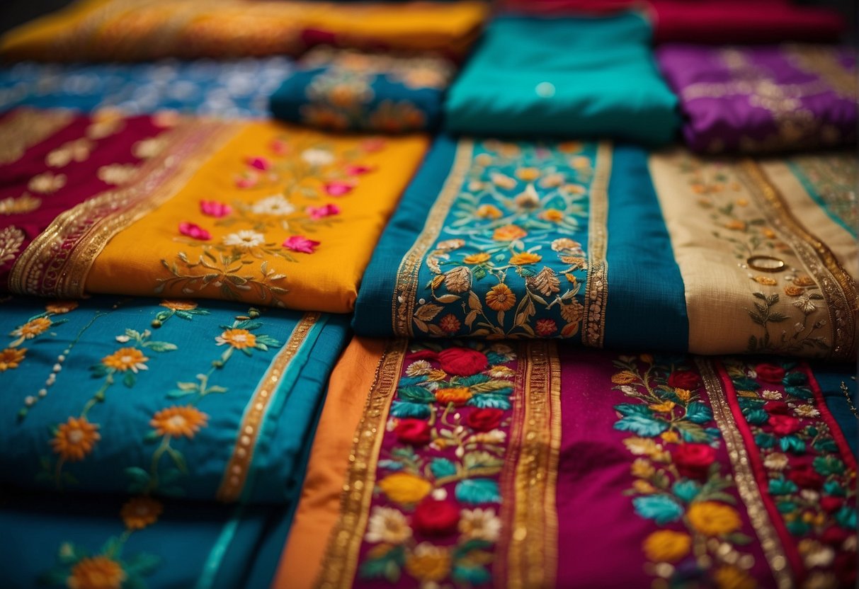 A vibrant collection of embroidered sarees from different regions, showcasing intricate zardozi and kantha techniques in rich, colorful threads