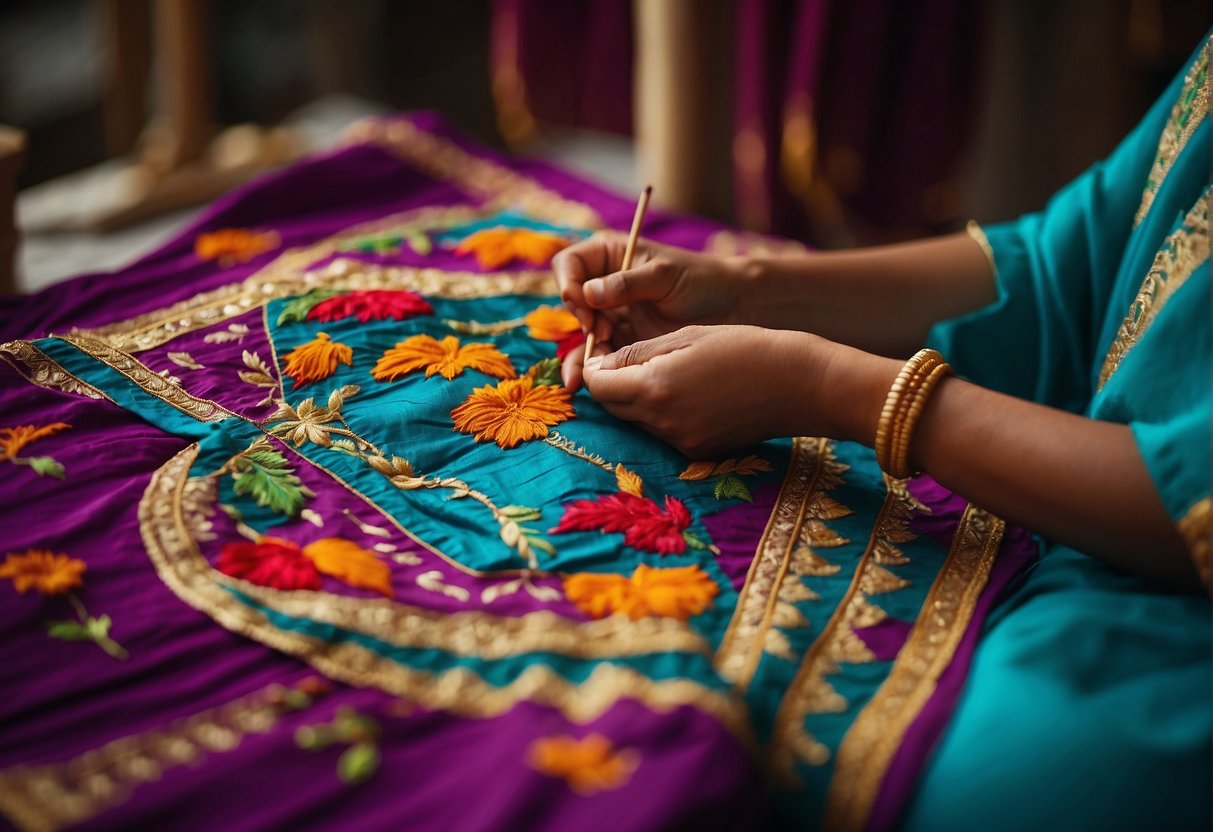 A woman's hand embroidering a traditional saree pattern with a modern twist using vibrant colors and intricate designs