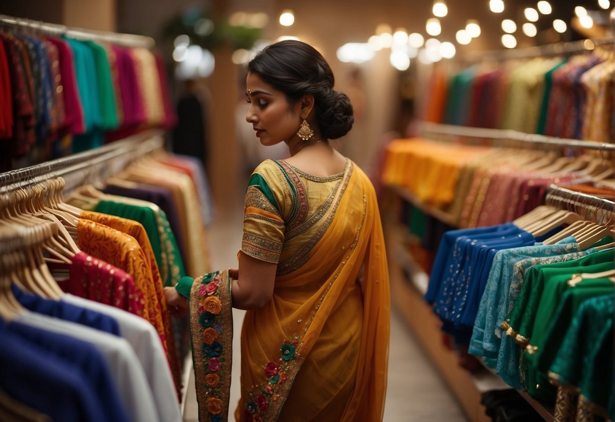 A woman carefully selects a colorful blouse to complement her intricately embroidered saree. The fabric shimmers under the store lights, and the intricate patterns catch the eye