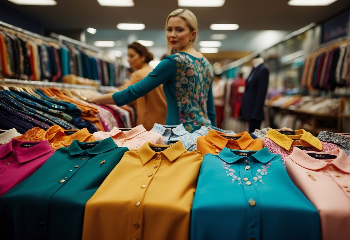 A colorful market stall displays a variety of embroidered blouses. Customers browse through the selection, while a vendor assists with purchases