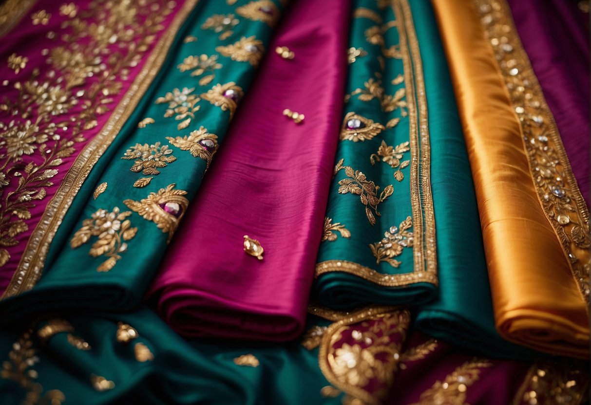 A vibrant array of Georgette sarees, shimmering with intricate embroidery and delicate embellishments, displayed against a backdrop of opulent party decor