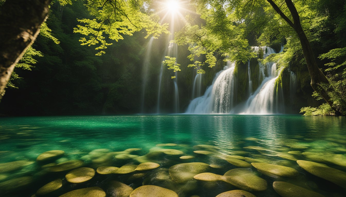 Sunlight filters through the dense forest, casting dappled shadows on the crystal-clear lakes and cascading waterfalls of Plitvice Lakes National Park