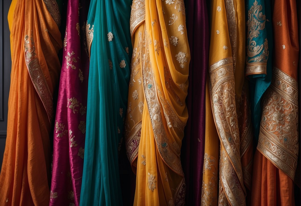 A vibrant array of georgette sarees draped over mannequins, catching the light and showcasing their intricate designs and shimmering textures, creating an elegant and alluring display for any party