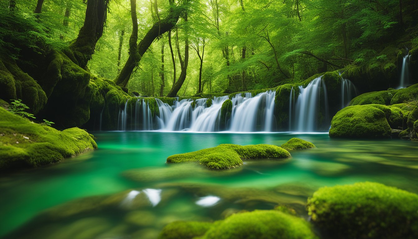 Crystal-clear water cascades over vibrant green moss-covered rocks in Plitvice Lakes National Park, surrounded by lush forest and colorful flora