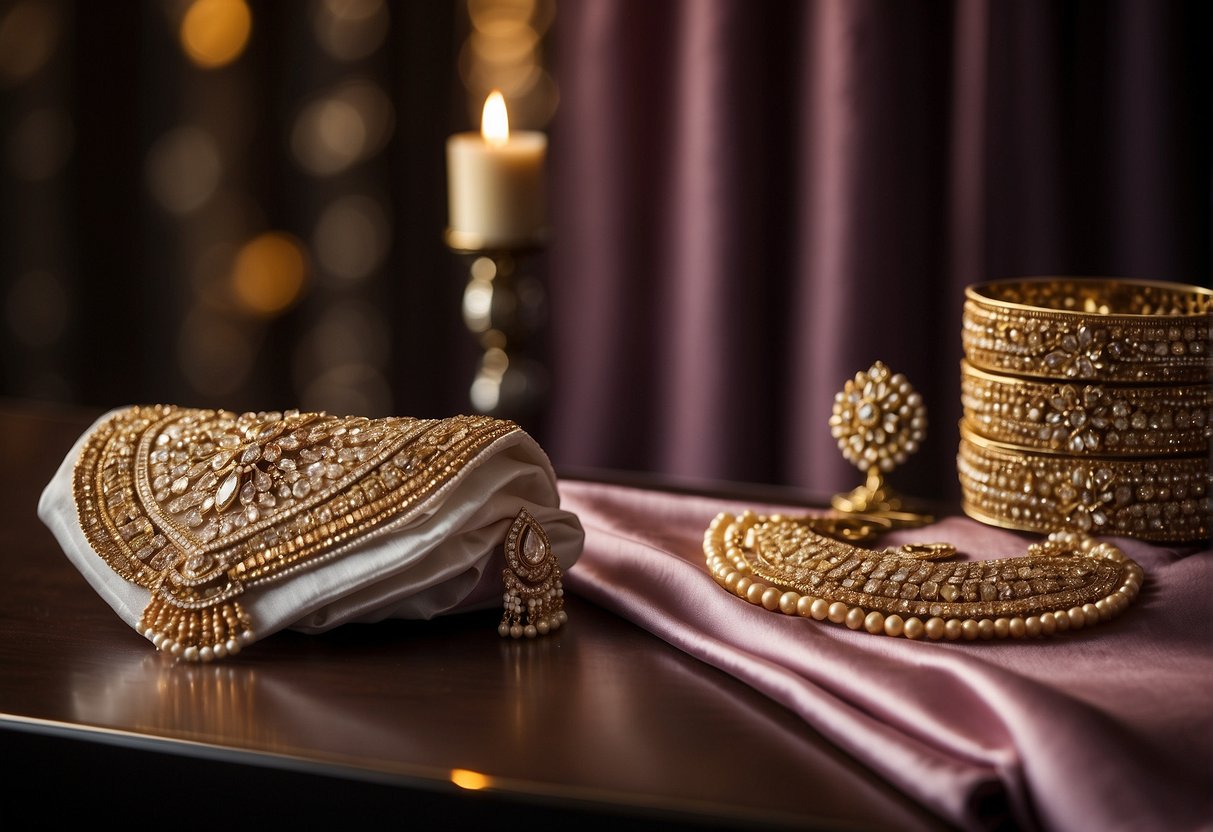 A table displays various accessories next to a draped georgette saree. Sparkling jewelry, elegant clutch, and stylish heels complement the saree for a party-ready look