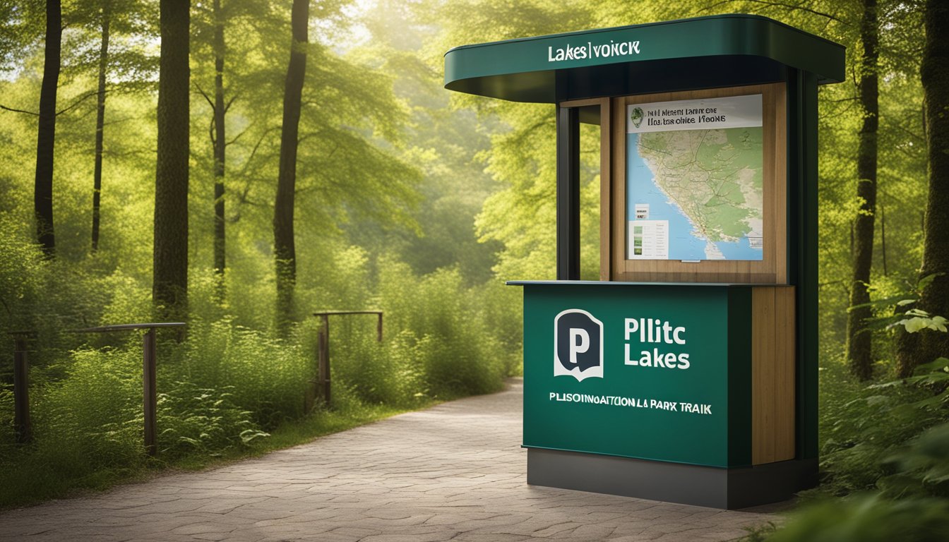 A ticket booth with a sign for "Plitvice Lakes National Park" and a map of the park's trails and attractions