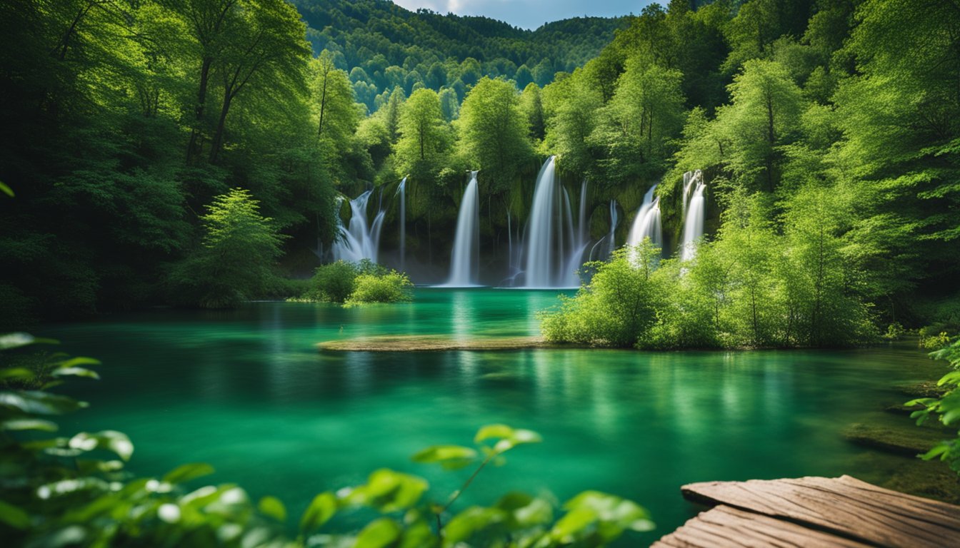 Lush greenery surrounds a crystal-clear lake with cascading waterfalls. A wooden pathway weaves through the landscape, leading visitors on an adventure through the natural beauty of Plitvice Lakes National Park